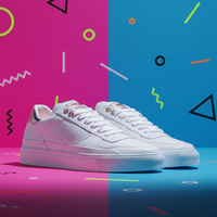 Saved white sneaker preview against a pink and blue graphic background.