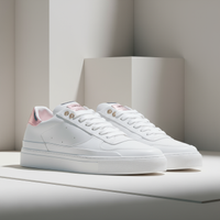 Saved white sneaker preview against light geometric architectural forms.